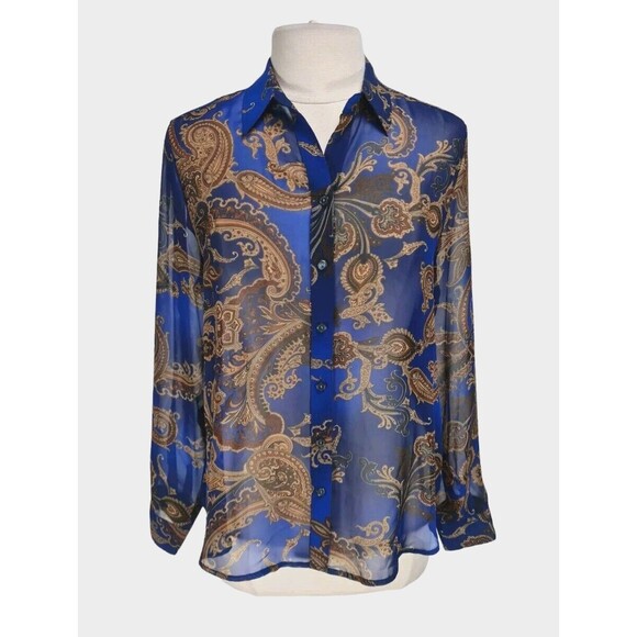 CHICO'S Women Royal Ravish Elenor Long SL Pattern Blue Grotto Size 8 Sheer A11A - Picture 1 of 7